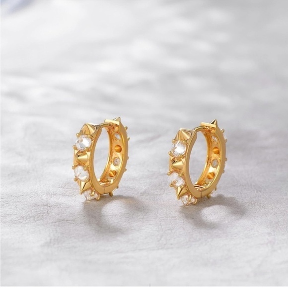 GOLD 14k Gold Plated Spiked Cubic Zirconia Hoop Earrings - Picture 1 of 3